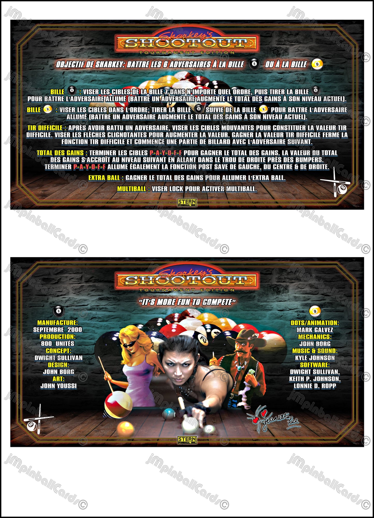 Instrucciones de las tarjetas de juego Stern Sharkey's Shootout 2000, reglas de las tarjetas de delantal de pinball con impresión personalizada de Pinball V1