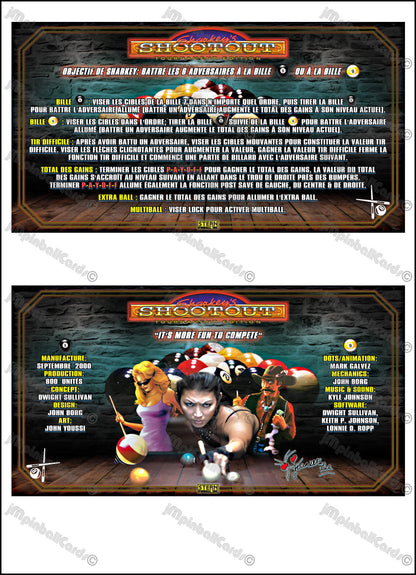 Instrucciones para las tarjetas de juego Stern Sharkey's Shootout 2000, delantal personalizado de pinball, reglas impresas V1
