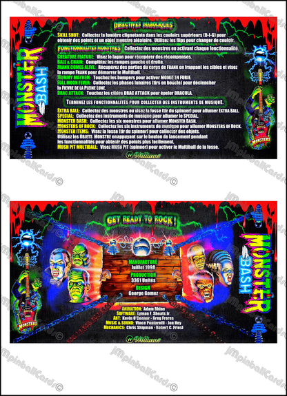 Instrucciones de las tarjetas del juego Williams Monster Bash 1998, delantal personalizado de pinball, reglas impresas V1