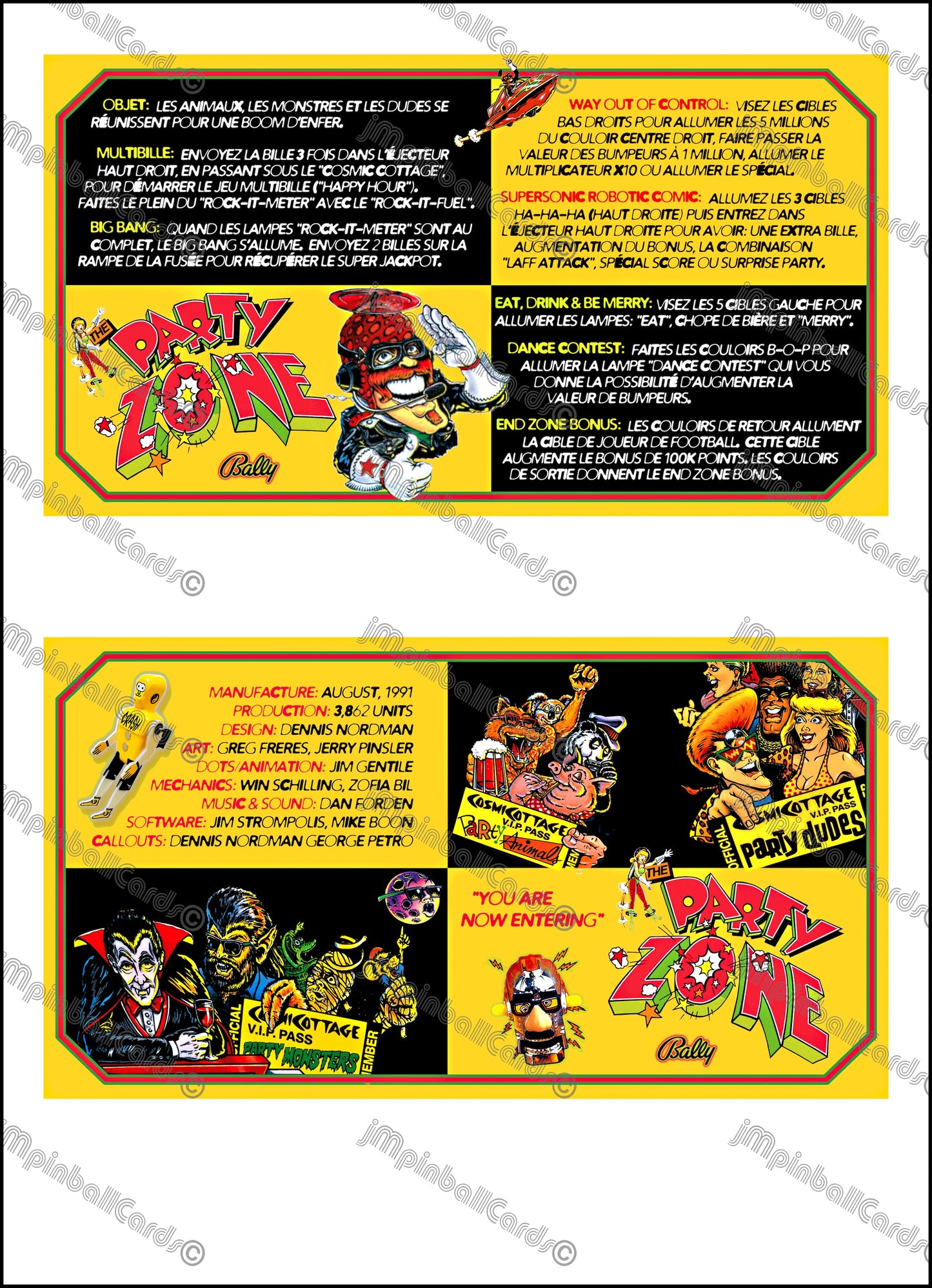 Instrucciones de las tarjetas del juego Bally Party Zone 1991, delantal personalizado de pinball, reglas impresas V2