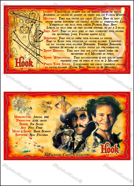 Instrucciones de las tarjetas del juego Data East Hook 1992, delantal personalizado de pinball, reglas impresas V2