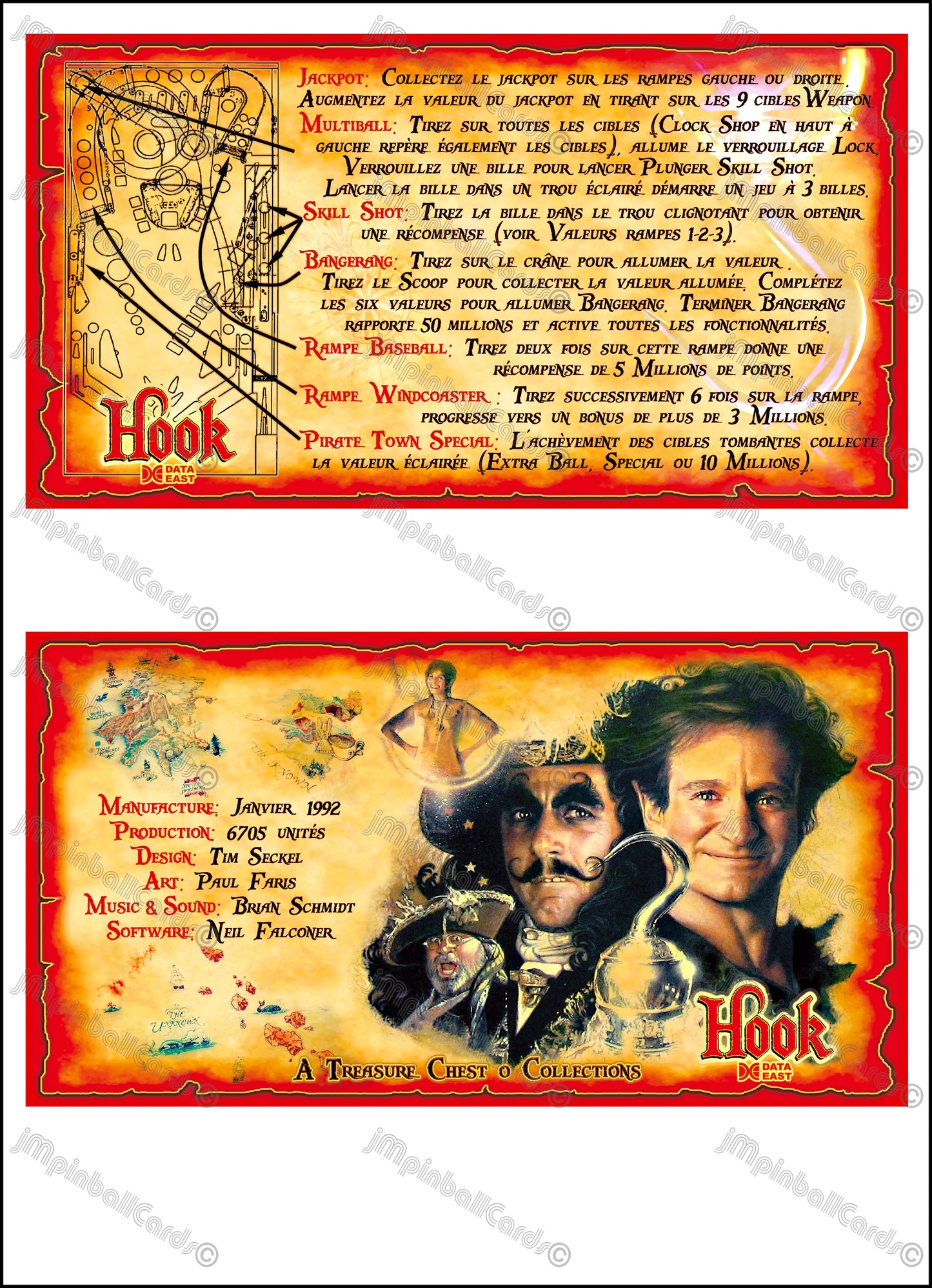 Instrucciones de las tarjetas del juego Data East Hook 1992, versión Pinball 2: tarjetas de pinball personalizadas con impresión personalizada.
