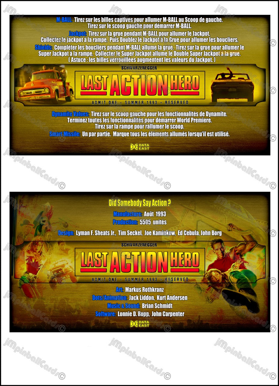 Instrucciones de las tarjetas del juego Data East Last Action Hero 1993 Pinball versión 2 - Tarjetas de pinball personalizadas con impresión personalizada