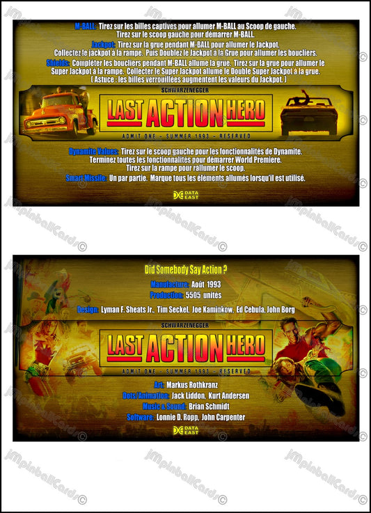 Instrucciones de las tarjetas del juego Data East Last Action Hero 1993, delantal personalizado de pinball, reglas impresas V2