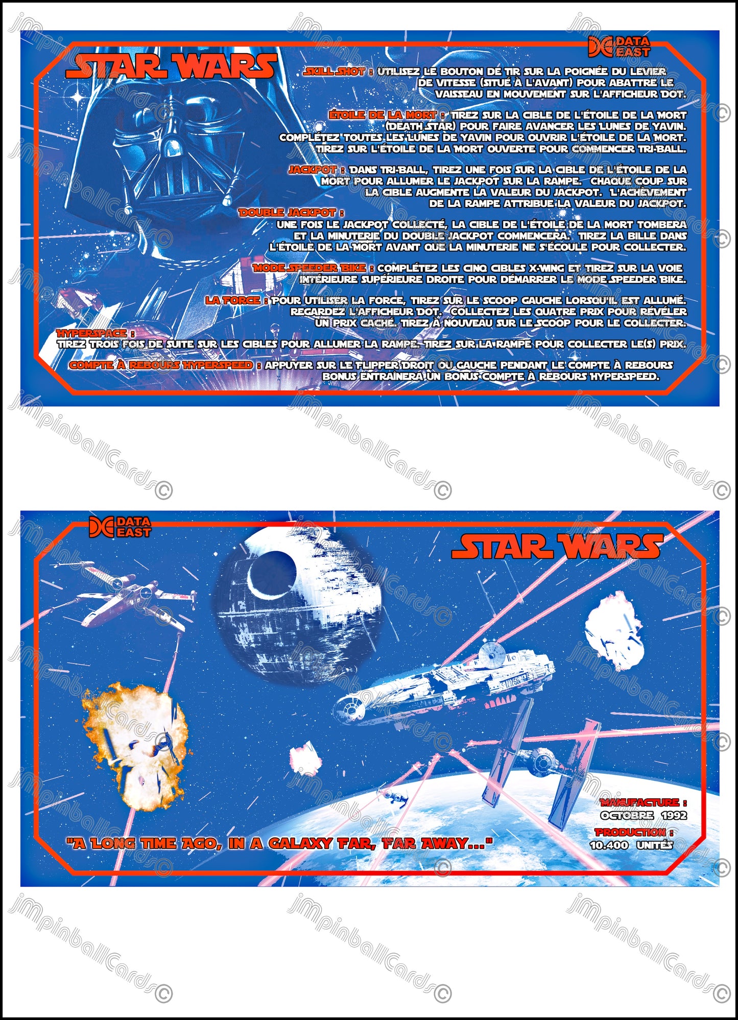 Instrucciones de las tarjetas del juego Data East Star Wars 1992 Pinball versión 2 - Tarjetas de delantal de pinball impresas personalizadas