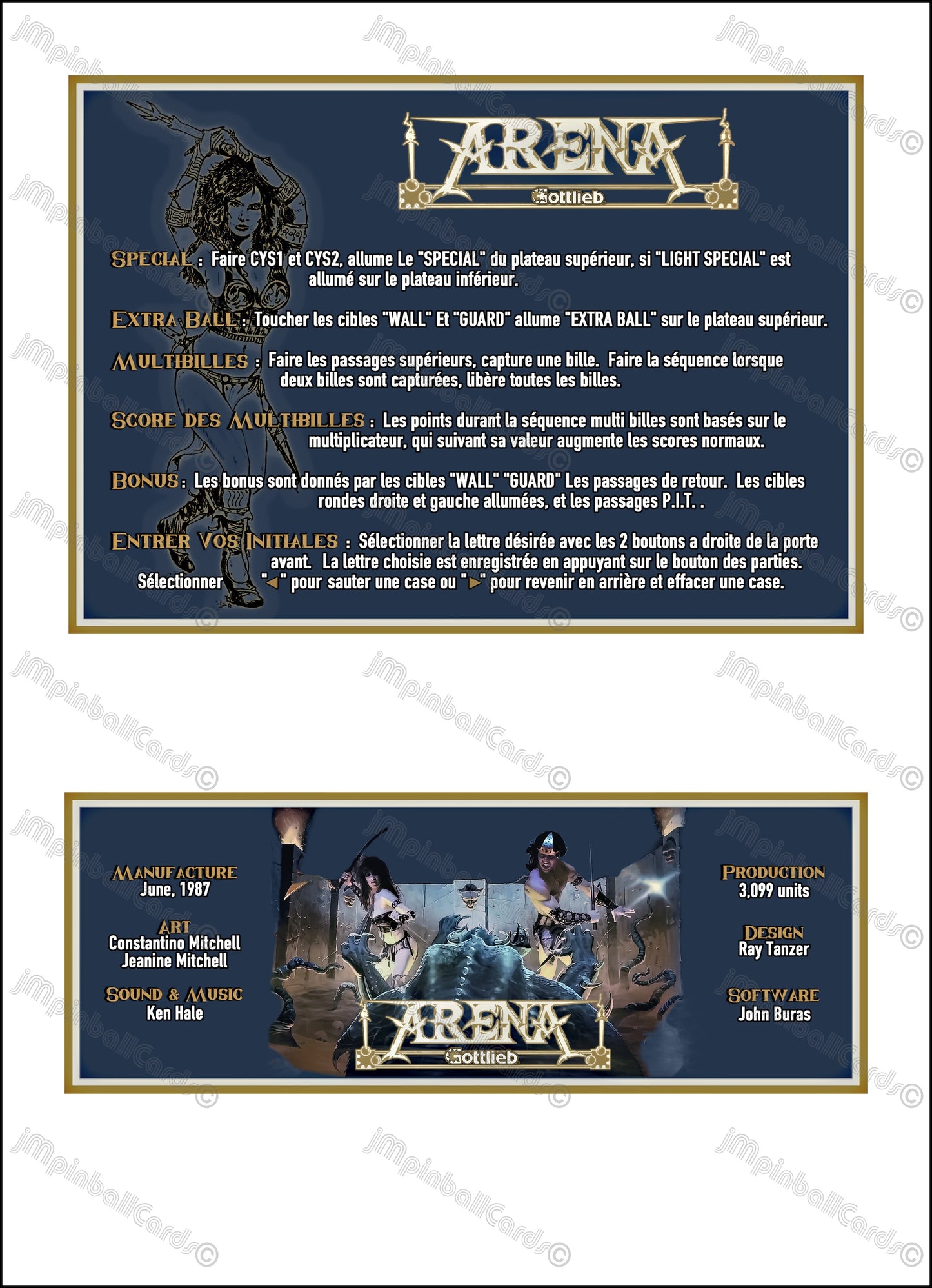 Instrucciones de las tarjetas del juego Gottlieb Arena 1987 Pinball V2 Tarjetas de delantal de pinball con impresión personalizada