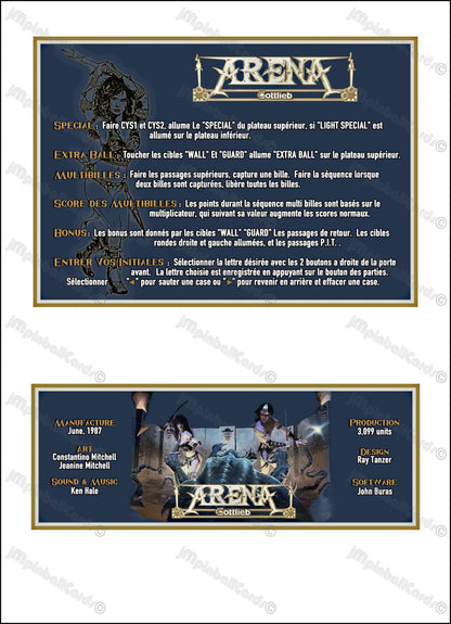 Instrucciones de las tarjetas del juego Gottlieb Arena 1987, delantal personalizado de pinball, reglas impresas V2