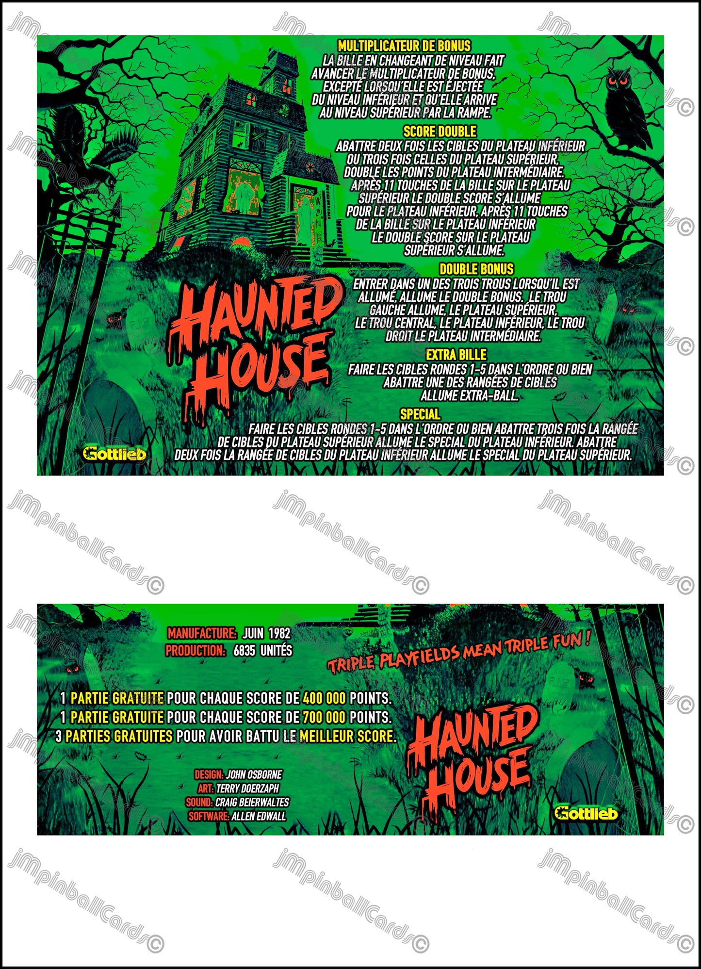 Instrucciones de las tarjetas del juego Gottlieb Haunted House 1982, versión Pinball 2, tarjetas de delantal de pinball con impresión personalizada