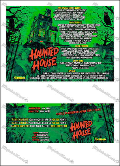 Instrucciones de las tarjetas del juego Gottlieb Haunted House 1982, delantal personalizado de pinball, reglas impresas V2