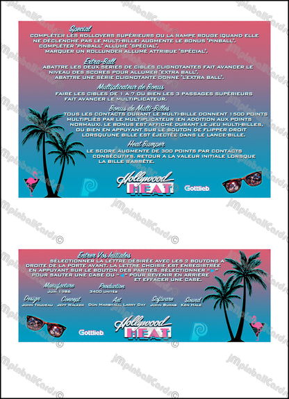 Instrucciones de las tarjetas del juego Gottlieb Hollywood Heat 1986, delantal personalizado de pinball, reglas impresas V2