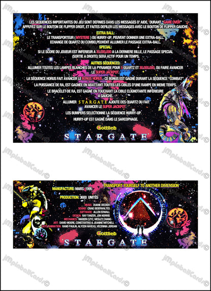 Instrucciones de las tarjetas del juego Gottlieb Stargate 1995, delantal personalizado de pinball, reglas impresas V2