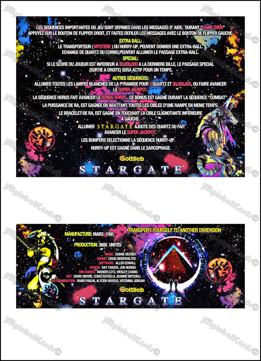 Gottlieb Stargate 1995 Jeu Cartes Instructions Flipper Custom Apron règles imprimées V2
