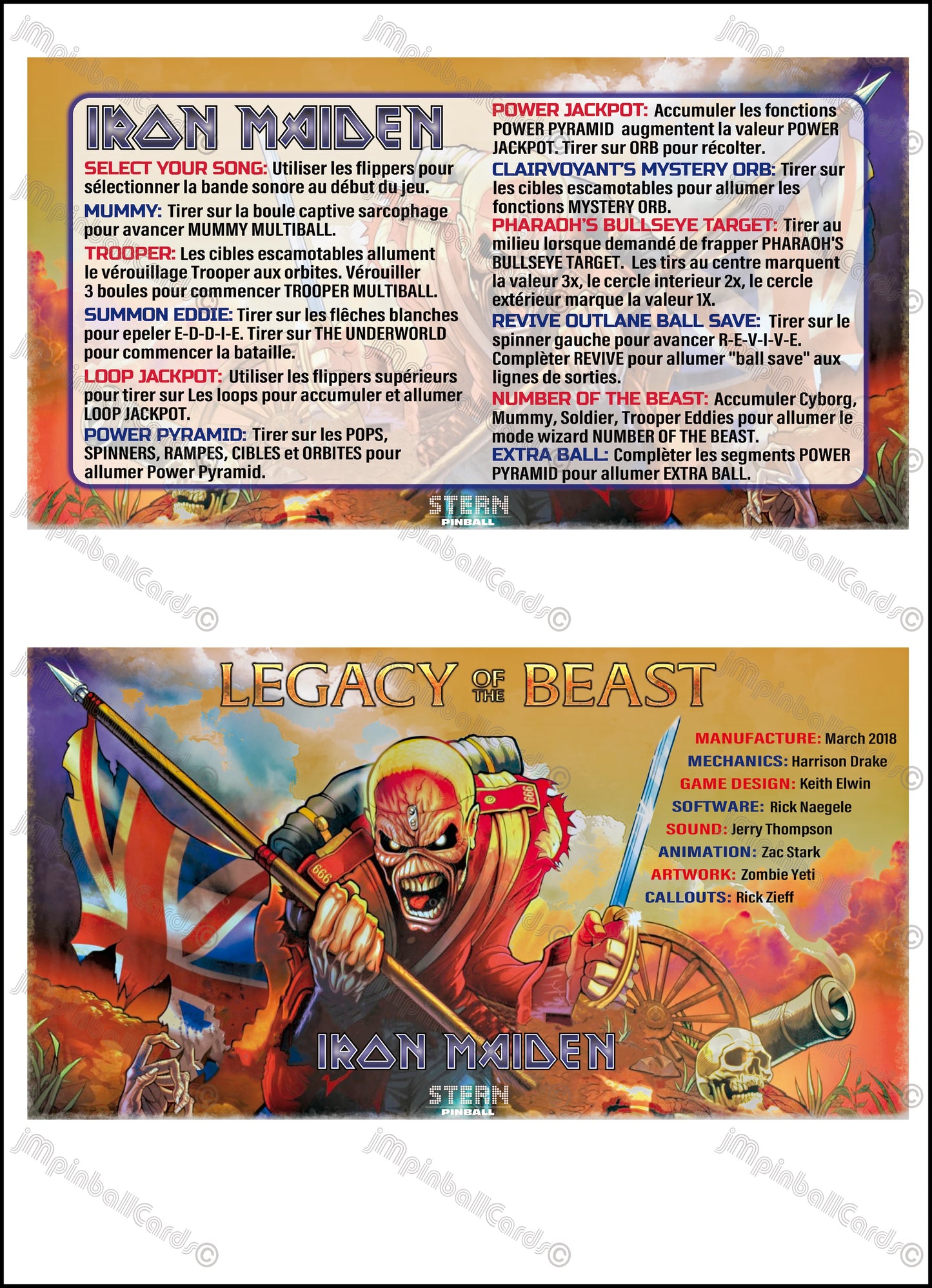 Instrucciones de las tarjetas de juego Stern Iron Maiden 2018, versión Pinball 2, tarjetas de delantal de pinball con impresión personalizada