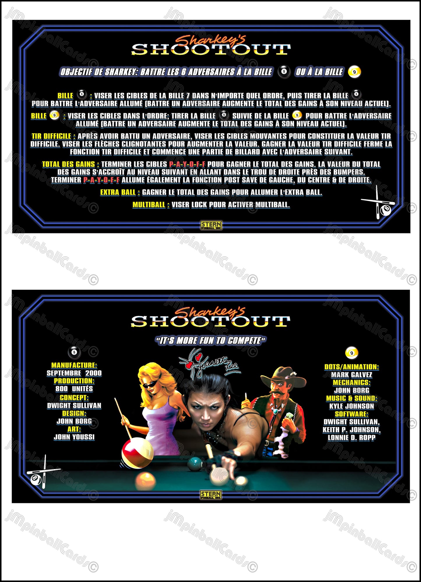 Instrucciones de las tarjetas de juego Stern Sharkey's Shootout 2000, reglas de las tarjetas de delantal de pinball con impresión personalizada de Pinball V2