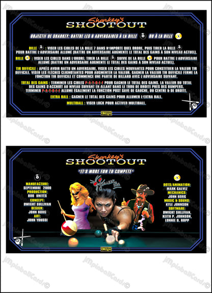 Instrucciones para las tarjetas de juego Stern Sharkey's Shootout 2000, delantal personalizado de pinball, reglas impresas V2