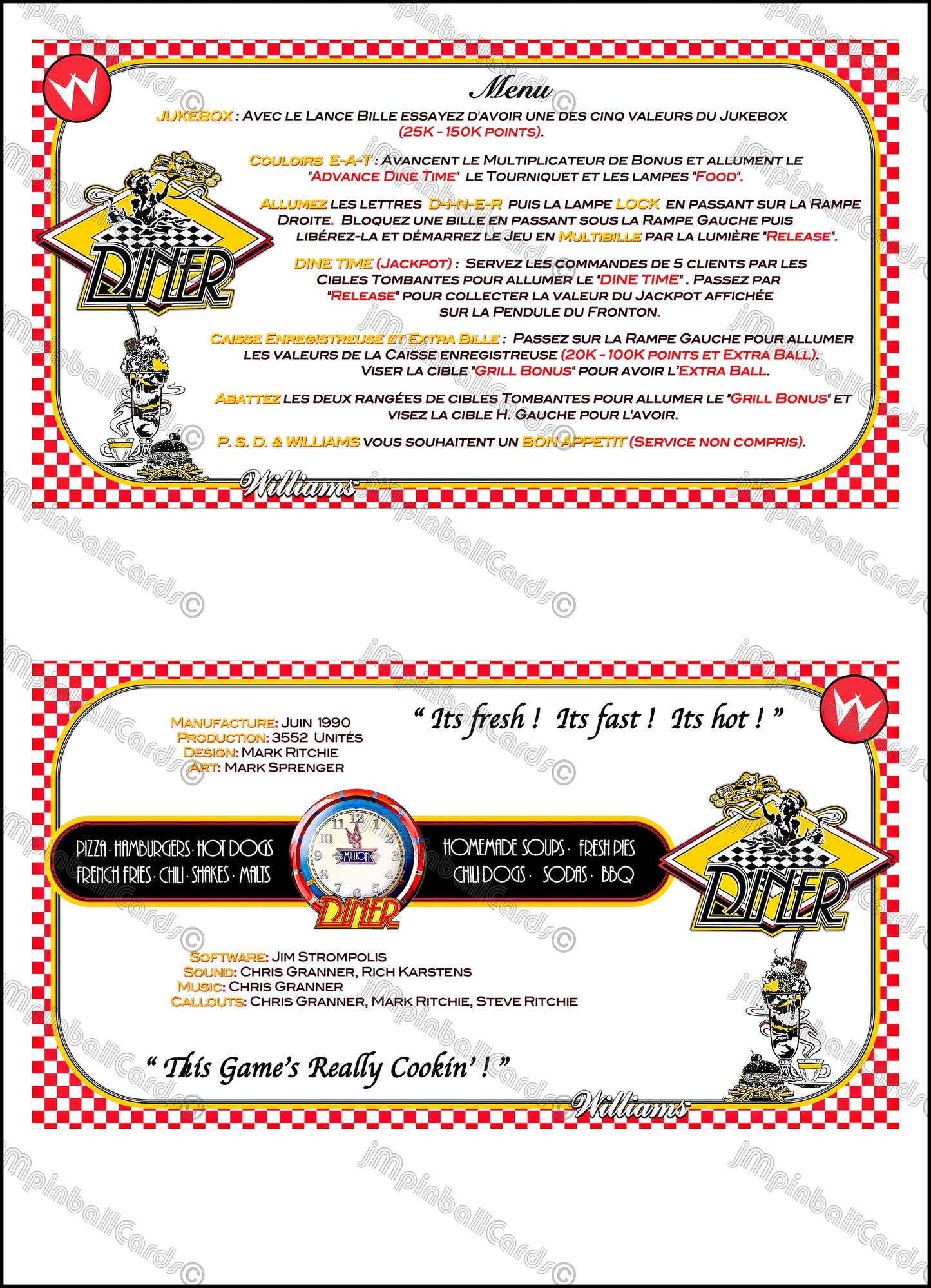 Instrucciones de las tarjetas del juego Williams Diner 1990, delantal personalizado de pinball, reglas impresas V2