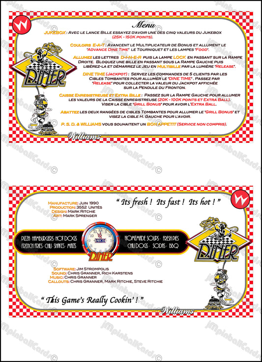 Williams Diner 1990 Jeu Cartes Instructions Flipper Custom Apron règles imprimées V2