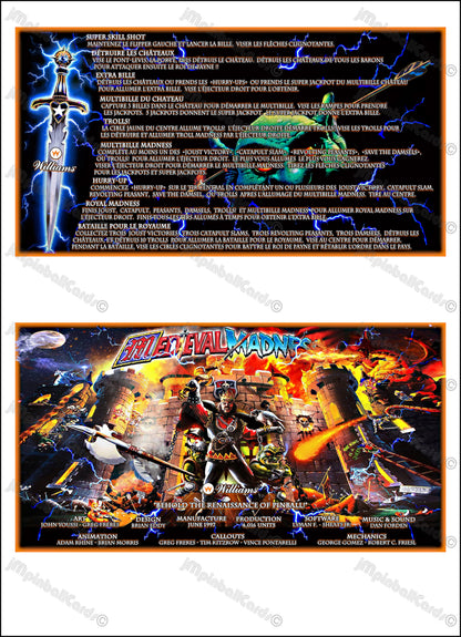 Instrucciones de las tarjetas del juego Williams Medieval Madness 1997, delantal personalizado de pinball, reglas impresas V2