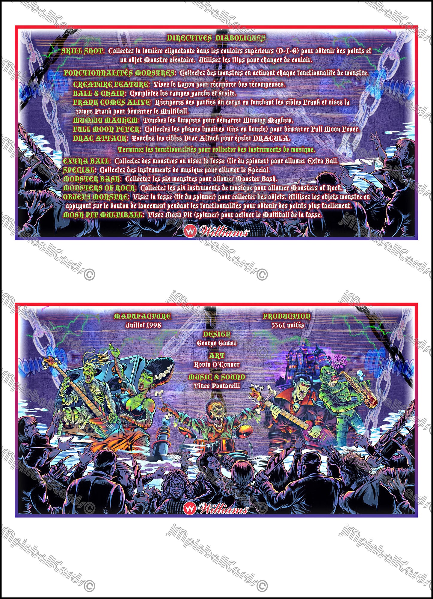 Instrucciones de las tarjetas del juego Williams Monster Bash 1998, delantal personalizado de pinball, reglas impresas (versión 2)