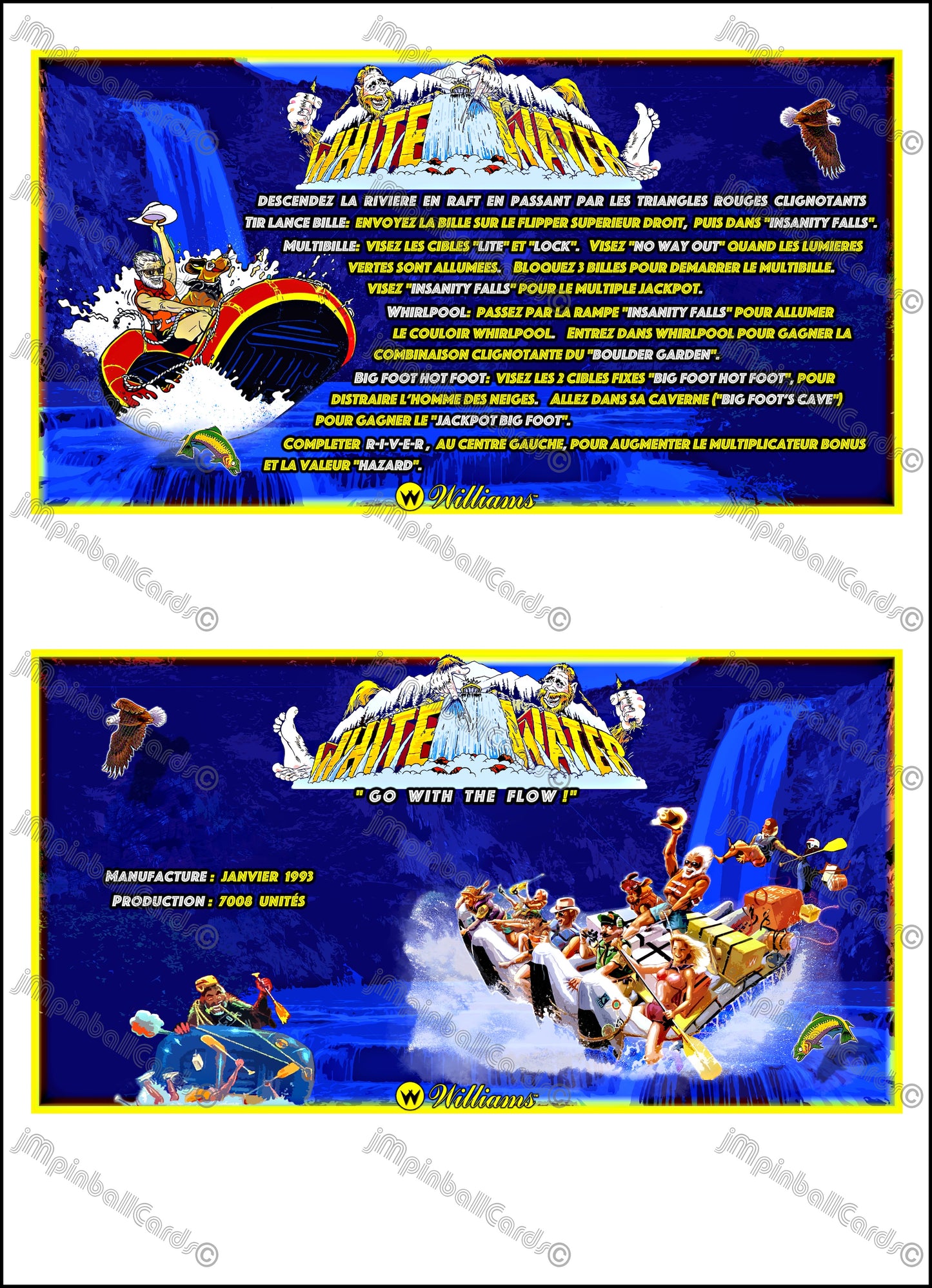 Instrucciones de las tarjetas del juego Williams White Water 1993, delantal personalizado de pinball, reglas impresas V2