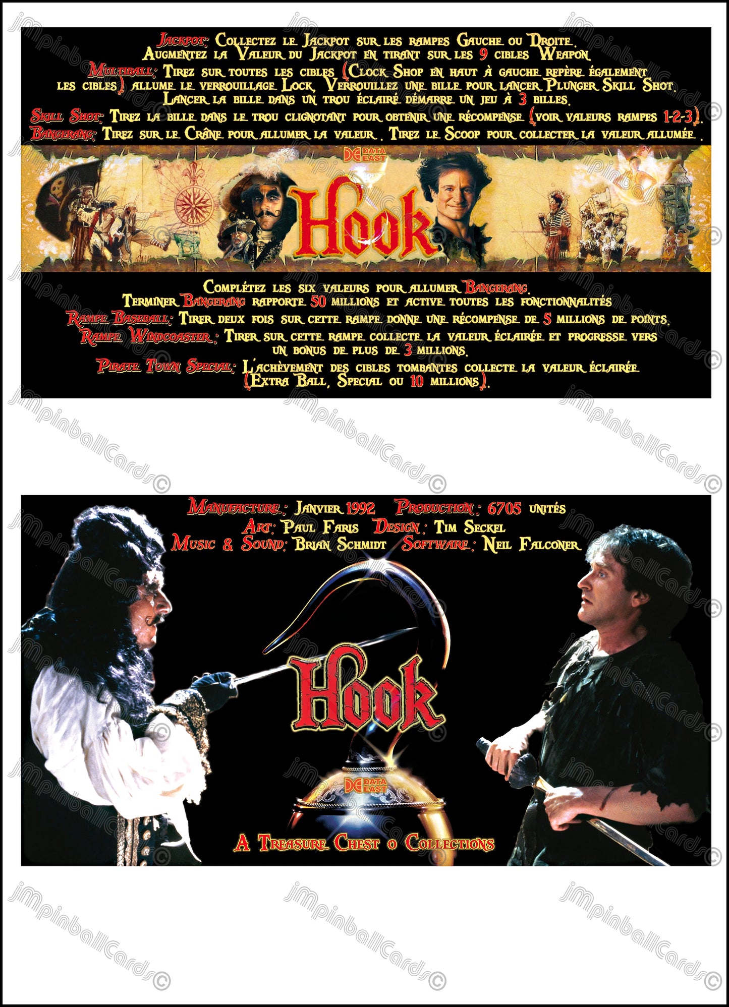 Instrucciones de las tarjetas del juego Data East Hook 1992 Pinball versión 3 - Tarjetas de pinball personalizadas con impresión personalizada