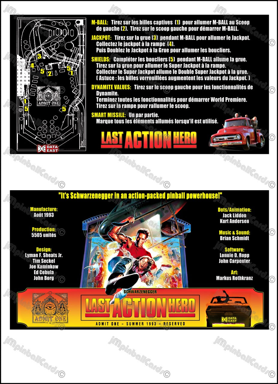 Instrucciones de las tarjetas del juego Data East Last Action Hero 1993 Pinball versión 3 - Tarjetas de pinball personalizadas con impresión personalizada