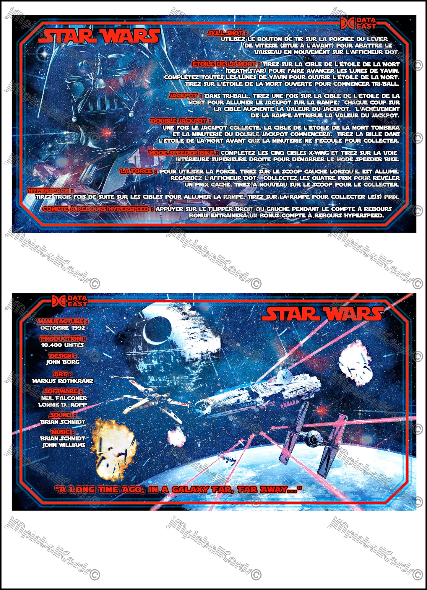 Instrucciones de las tarjetas del juego Data East Star Wars 1992 Pinball versión 3 - Tarjetas de delantal de pinball impresas personalizadas