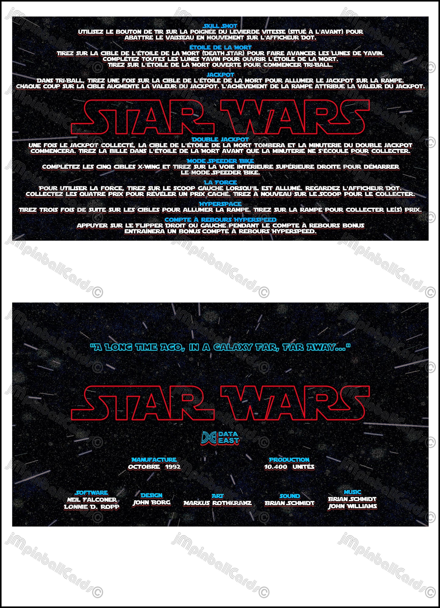 Instrucciones de las tarjetas del juego Data East Star Wars 1992 Pinball versión 4 - Tarjetas de delantal de pinball impresas personalizadas