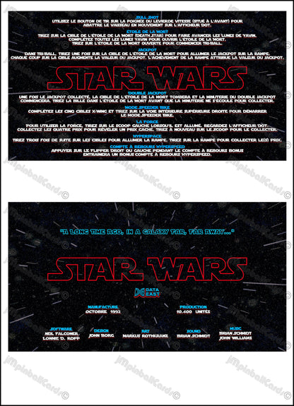 Data East Star Wars 1992 Game Cards Instructions Pinball Custom Apron Printed Rules V4