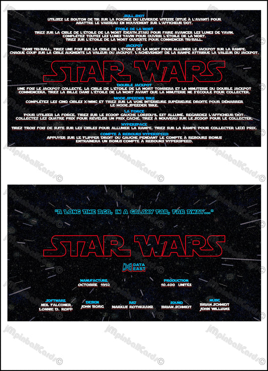 Instrucciones de las tarjetas del juego Star Wars 1992 de Data East, delantal personalizado de pinball, reglas impresas V4