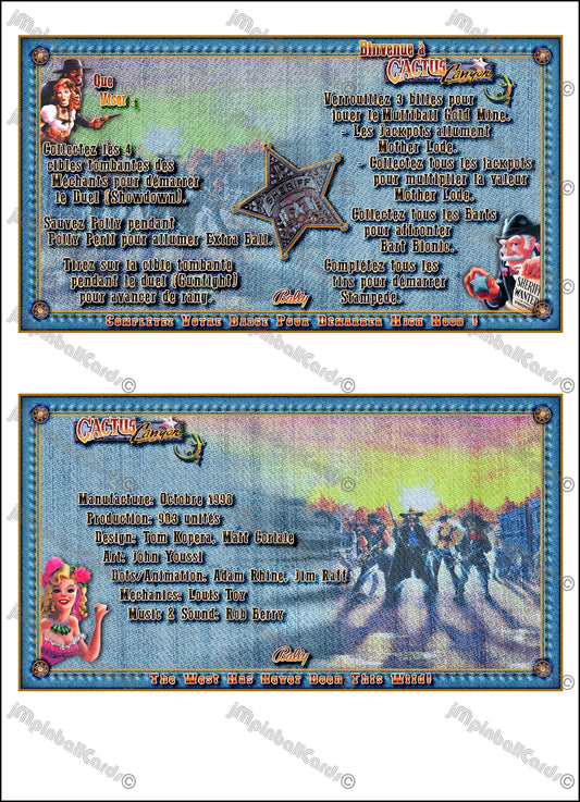 Bally Cactus Canyon 1998 Jeu Cartes Instructions Flipper Custom Apron règles imprimées