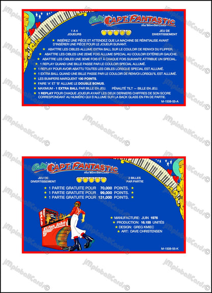 Bally Captain Fantastic 1976 Jeu Cartes Instructions Flipper Custom Apron règles imprimées