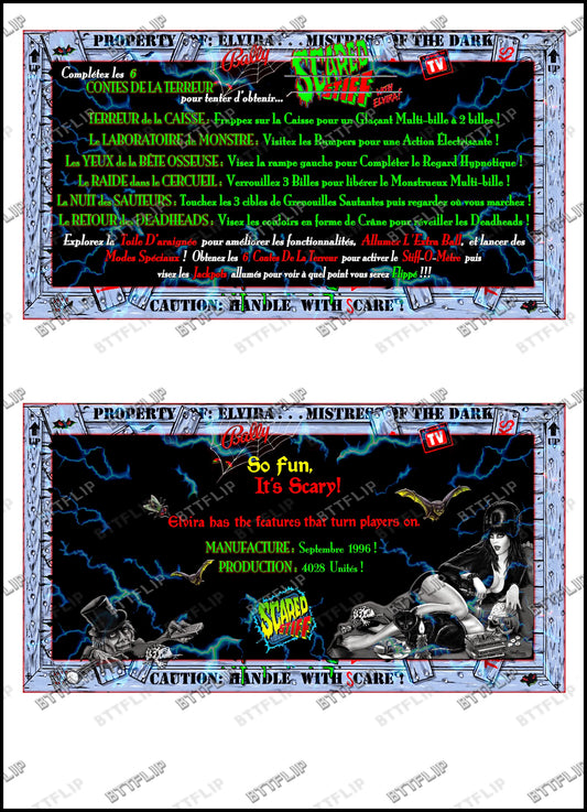 Instrucciones de las tarjetas del juego Bally Elvira Scared Stiff 1996, delantal personalizado de pinball, reglas impresas V1