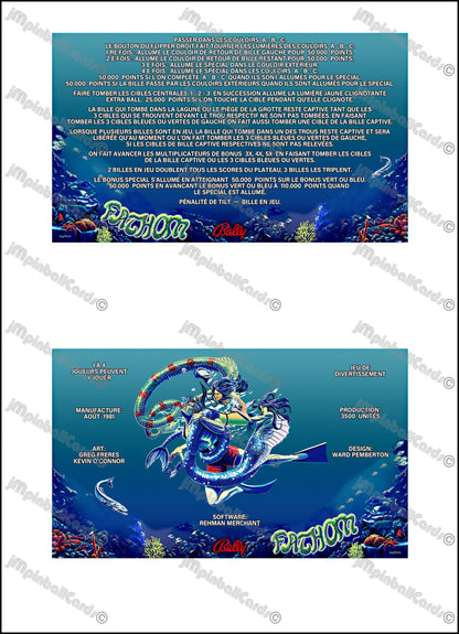 Instrucciones de las tarjetas de juego Bally FATHOM 1981 Delantal personalizado de pinball con reglas impresas