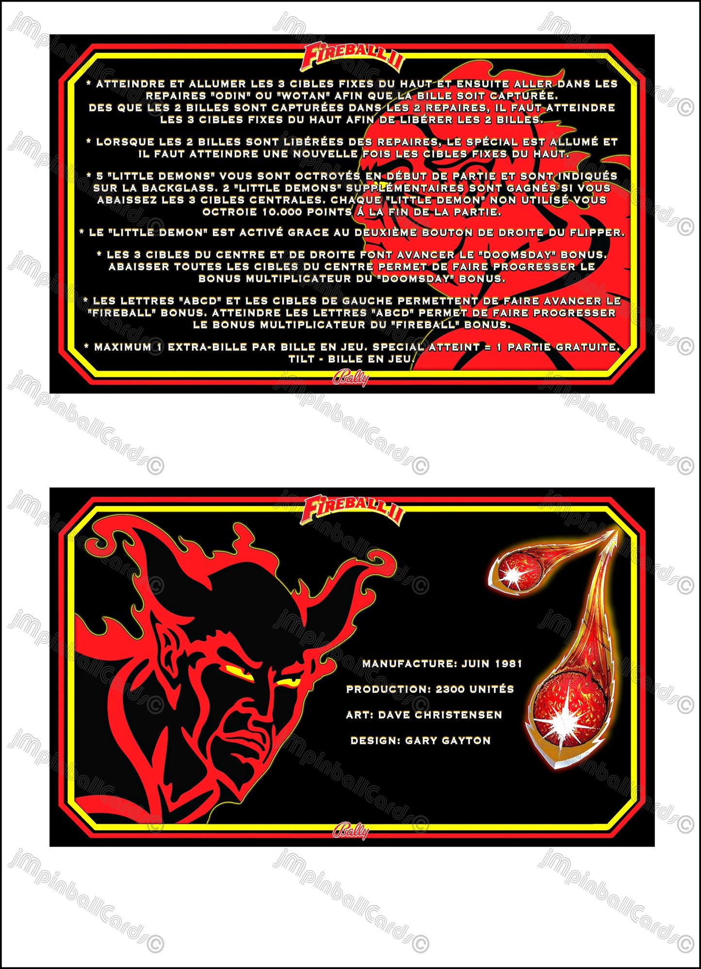 Bally Fireball II 1981 Jeu Cartes Instructions Flipper Custom Apron règles imprimées