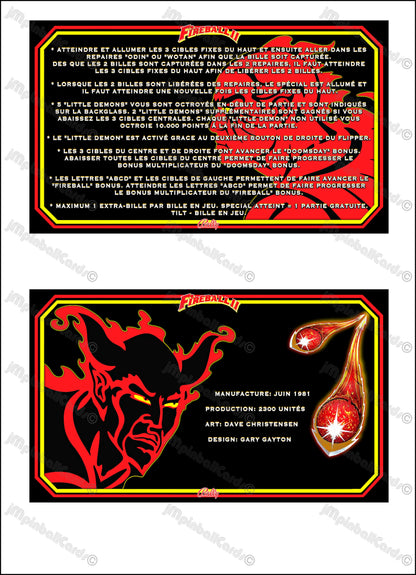 Bally Fireball II 1981 Game Cards Instructions Pinball Custom Apron Printed Rules