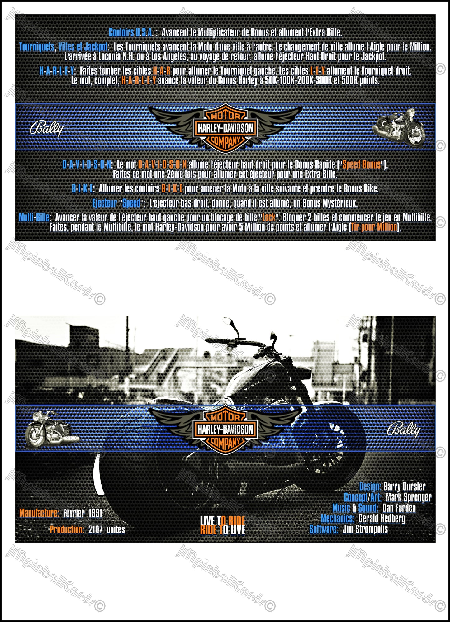 Bally Harley Davidson 1991 Jeu Cartes Instructions Flipper Custom Apron règles imprimées