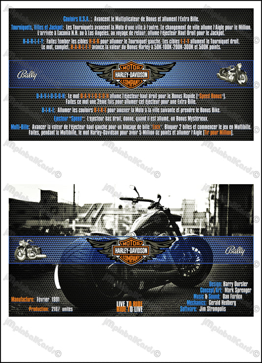 Bally Harley Davidson 1991 Jeu Cartes Instructions Flipper Custom Apron règles imprimées