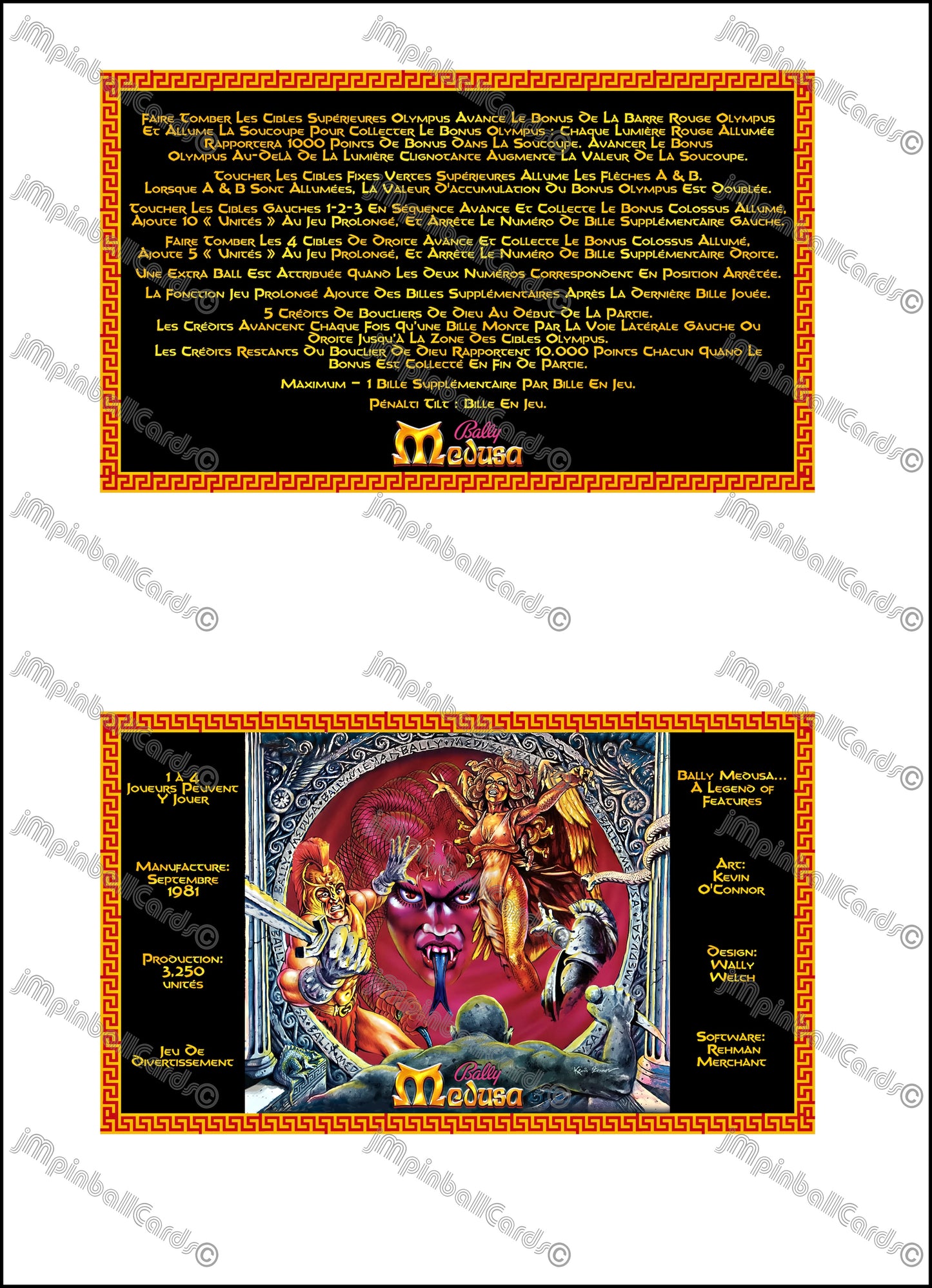 Bally MEDUSA 1981 Jeu Cartes Instructions Flipper Custom Apron règles imprimées