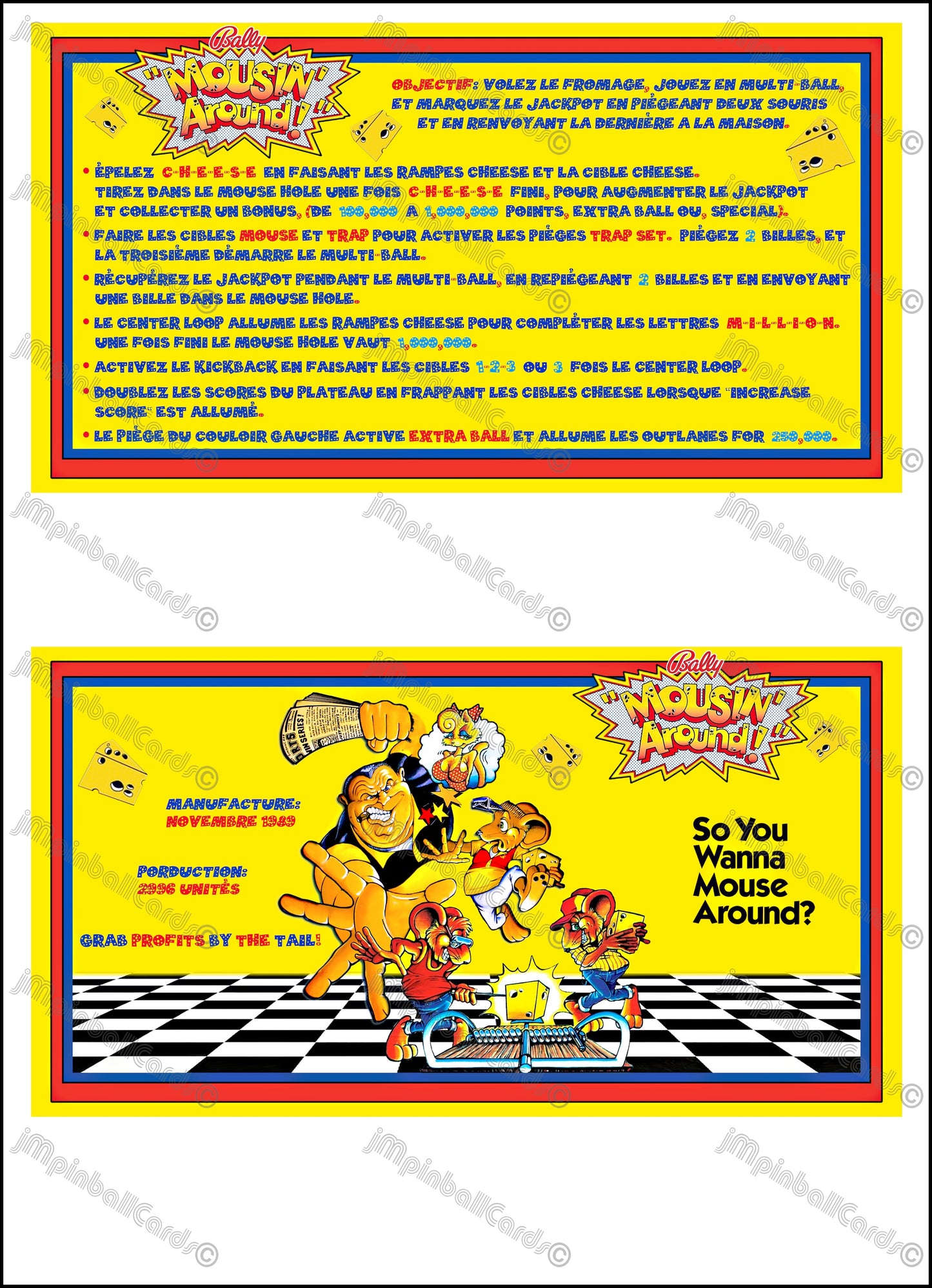Instrucciones de tarjetas de juego Bally Mousin Around 1989, reglas impresas de delantal personalizado de pinball