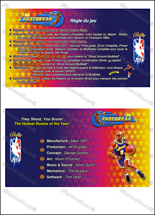 Bally NBA FASTBREAK 1997 Jeu Cartes Instructions Flipper Custom Apron règles imprimées V1