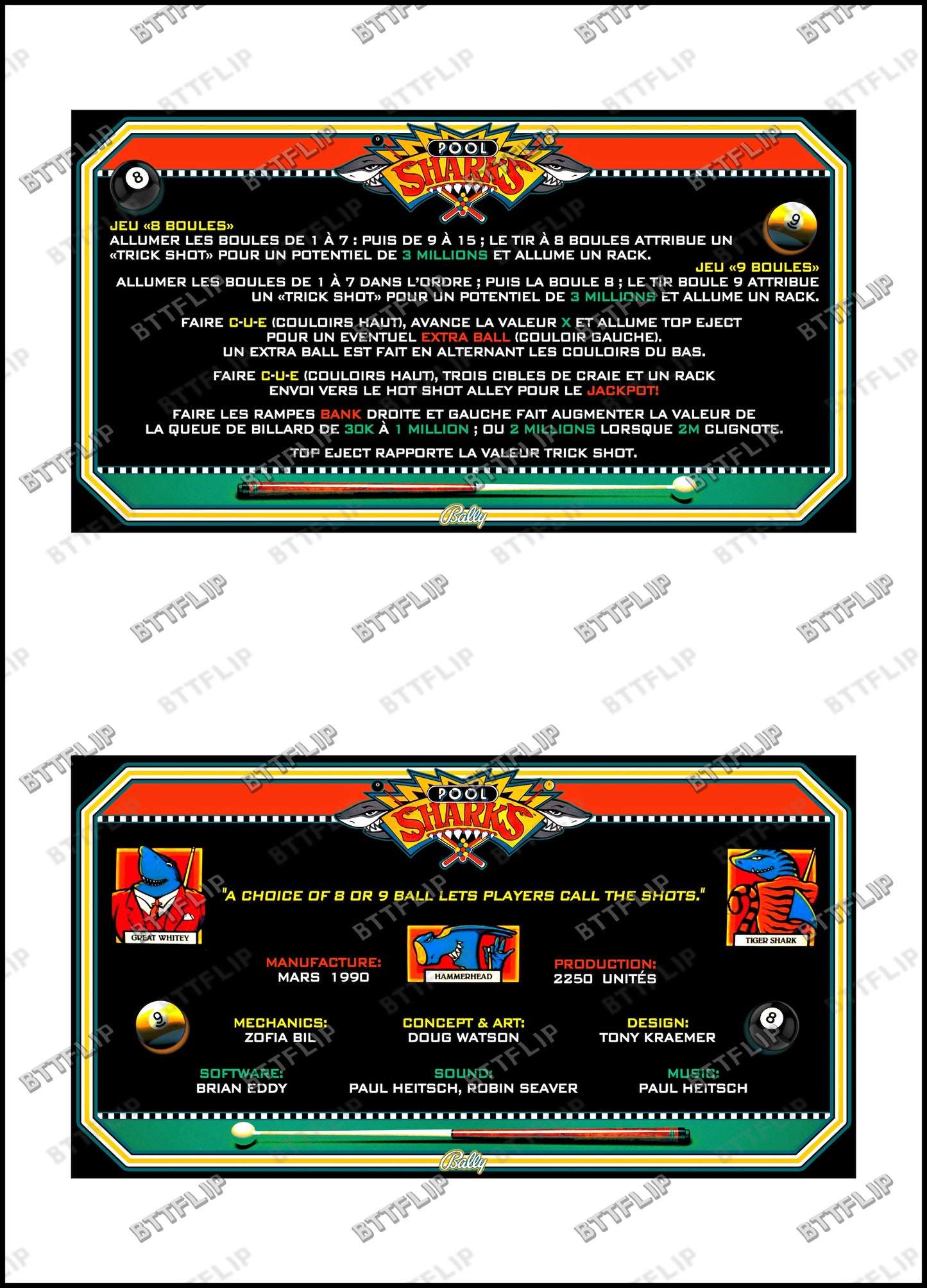 Bally POOL SHARKS 1990 Jeu Cartes Instructions Flipper Custom Apron règles imprimées