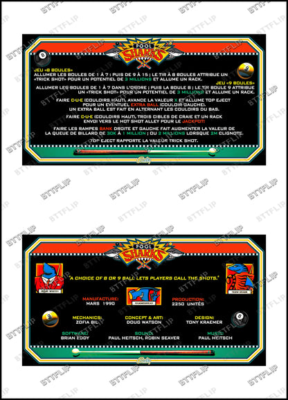 Bally POOL SHARKS 1990 Game Cards Instructions Pinball Custom Apron printed rules
