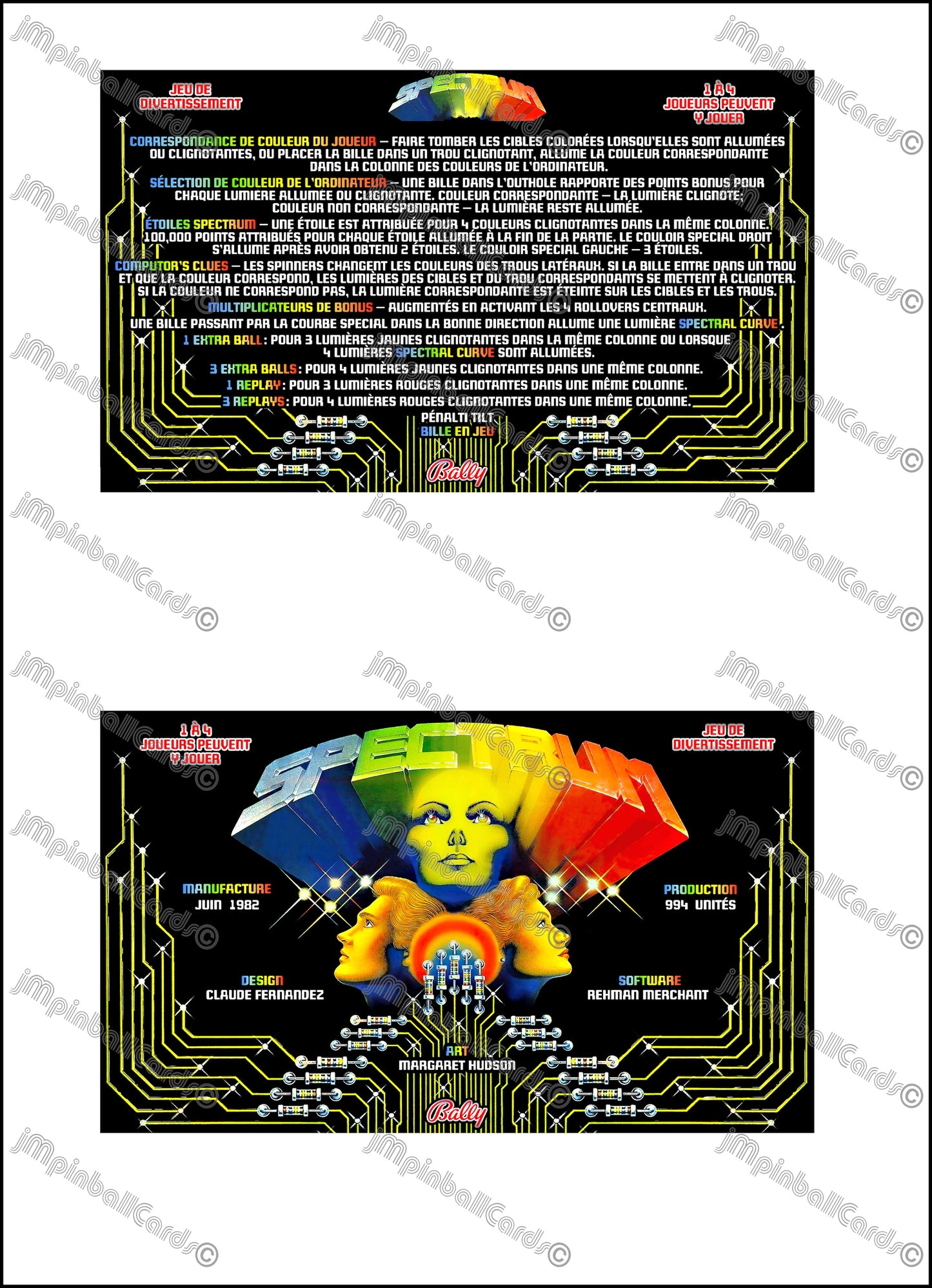 Bally Spectrum 1982 Jeu Cartes Instructions Flipper Custom Apron règles imprimées