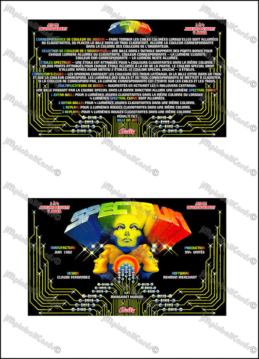 Bally Spectrum 1982 Jeu Cartes Instructions Flipper Custom Apron règles imprimées