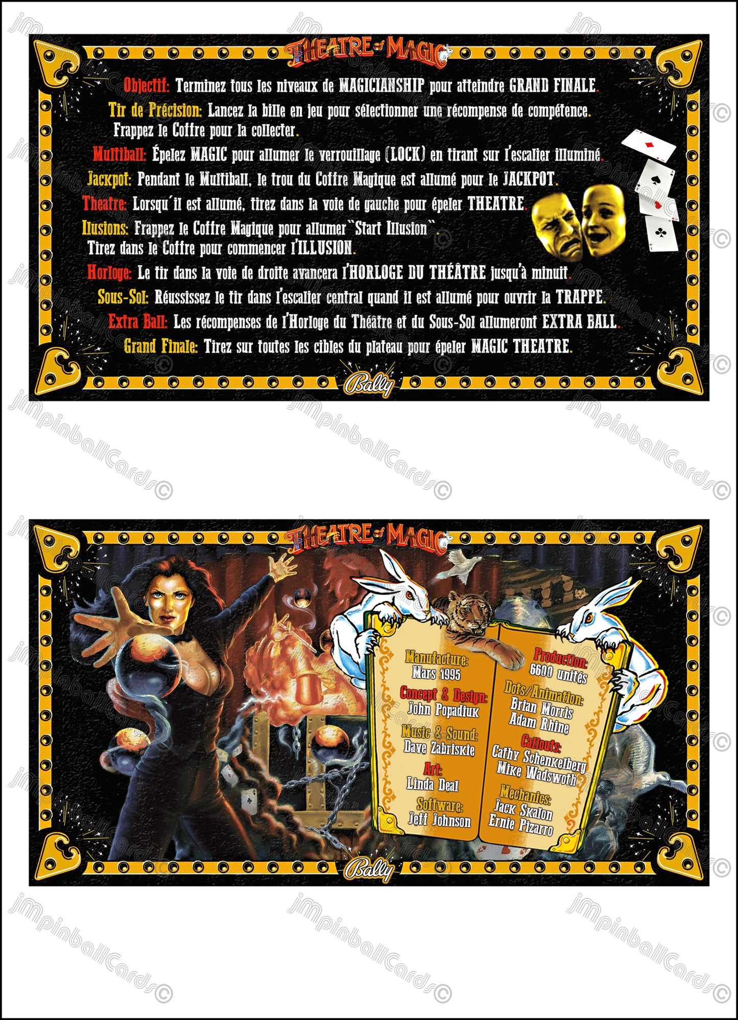 Instrucciones de las tarjetas del juego Bally Theatre of Magic de 1995, máquina de pinball, delantal personalizado, reglas impresas