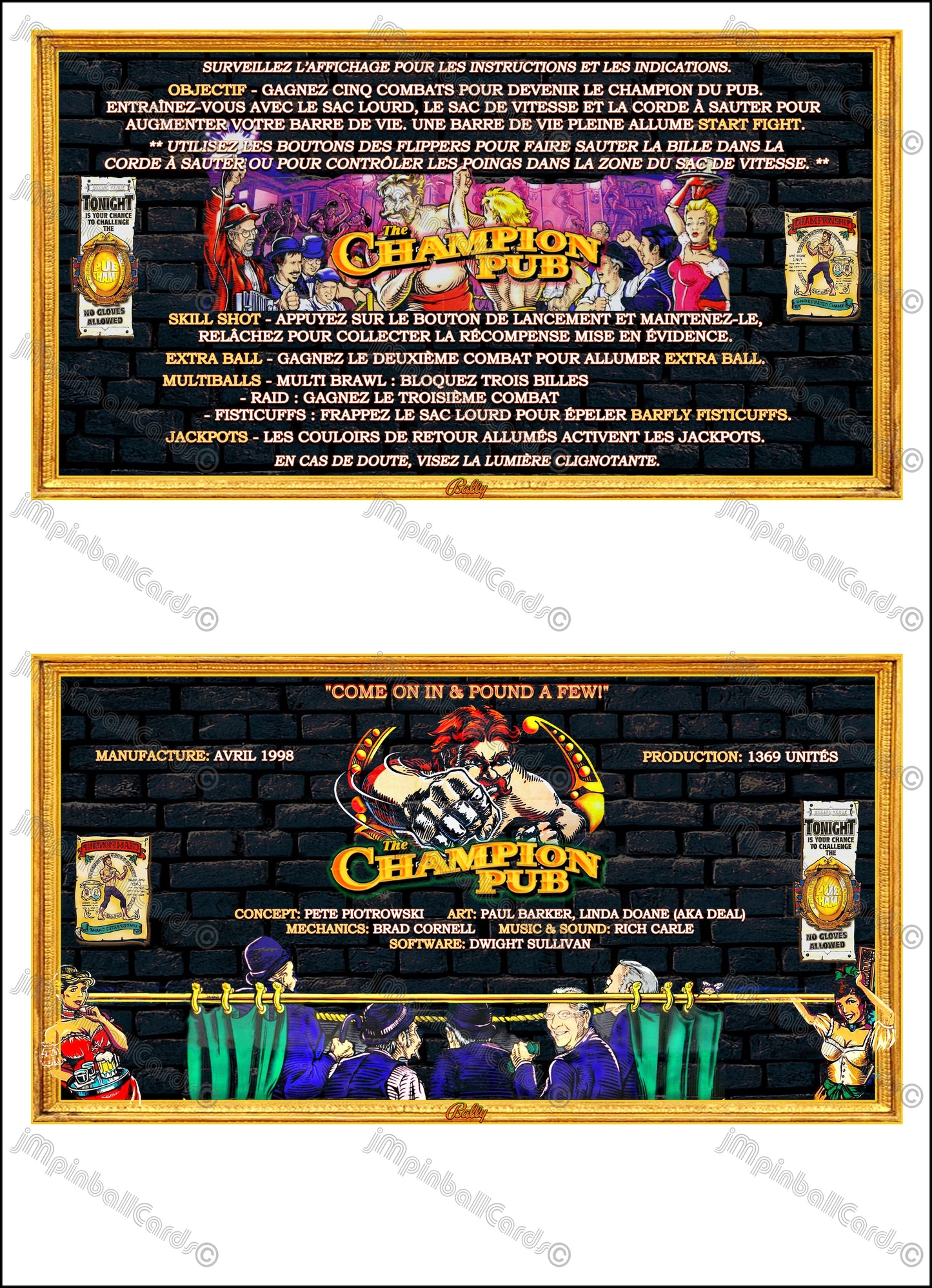 Bally The Champion Pub 1998 Jeu Cartes Instructions Flipper Custom Apron règles imprimées