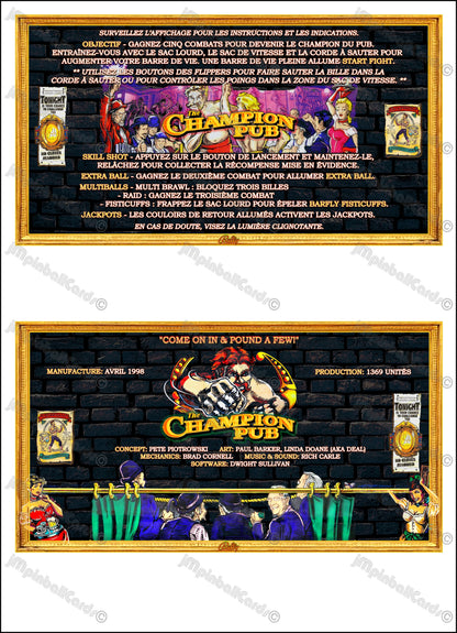 Instrucciones de las tarjetas del juego Bally The Champion Pub 1998 Delantal personalizado de pinball Reglas impresas