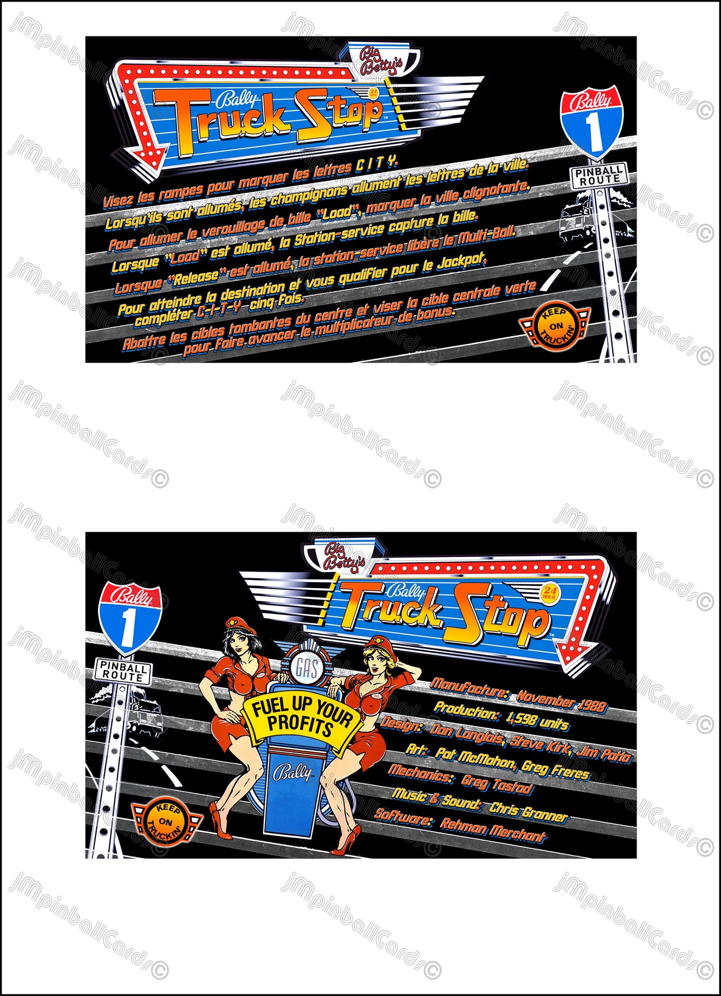Instrucciones de las tarjetas del juego Bally Truck Stop 1988, delantal personalizado de pinball, reglas impresas