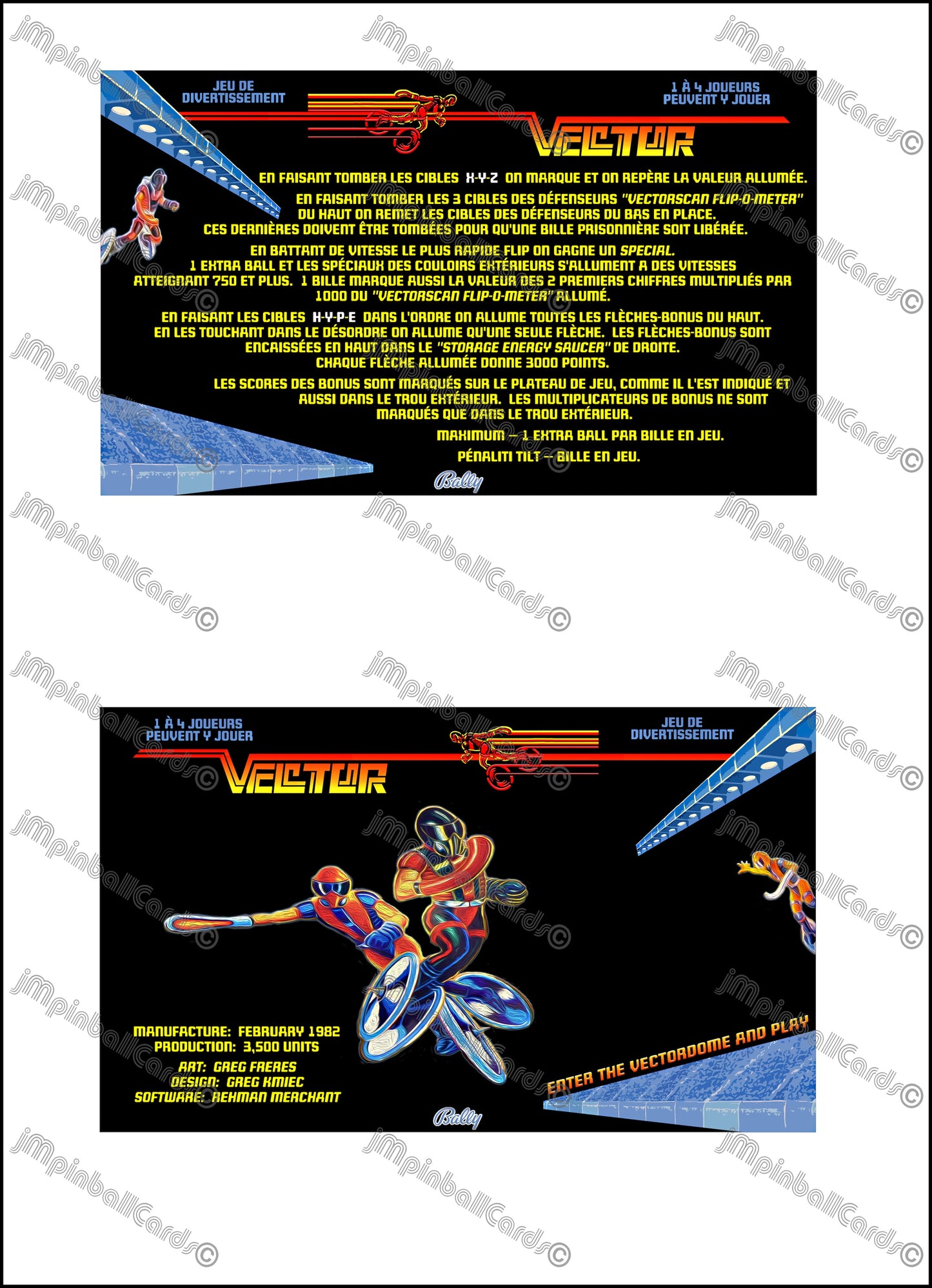 Bally Vector 1982 Jeu Cartes Instructions Flipper Custom Apron règles imprimées